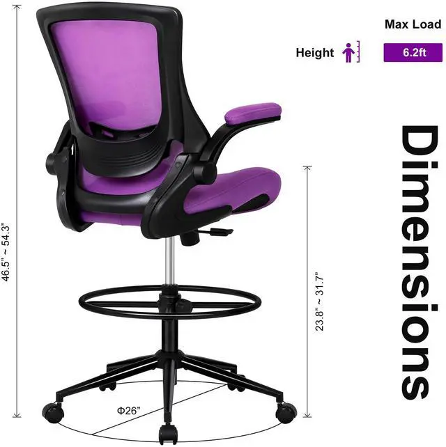 Alt view image 3 of 6 - Tall Office Chair, Drafting Chair for Standing Desk, High Office Chair with Adjustable Lumbar Support, Flip-up Arm and Footrest Ring, Tall Drafting Chair for Bar Height Desk