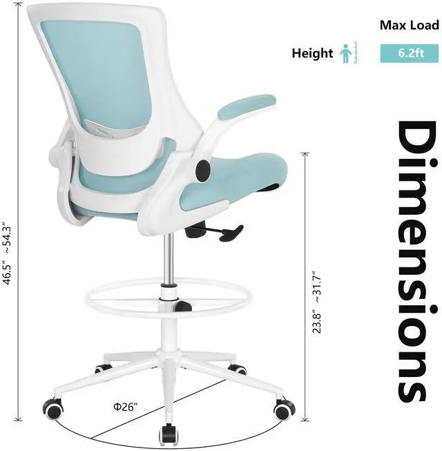 Alt view image 2 of 6 - Tall Office Chair, Drafting Chair for Standing Desk, High Office Chair with Adjustable Lumbar Support, Flip-up Arm and Footrest Ring, Tall Drafting Chair for Bar Height Desk