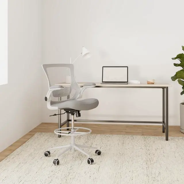 Alt view image 2 of 6 - Tall Office Chair, Drafting Chair for Standing Desk, High Office Chair with Adjustable Lumbar Support, Flip-up Arm and Footrest Ring, Tall Drafting Chair for Bar Height Desk