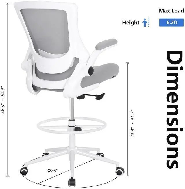 Alt view image 3 of 6 - Tall Office Chair, Drafting Chair for Standing Desk, High Office Chair with Adjustable Lumbar Support, Flip-up Arm and Footrest Ring, Tall Drafting Chair for Bar Height Desk