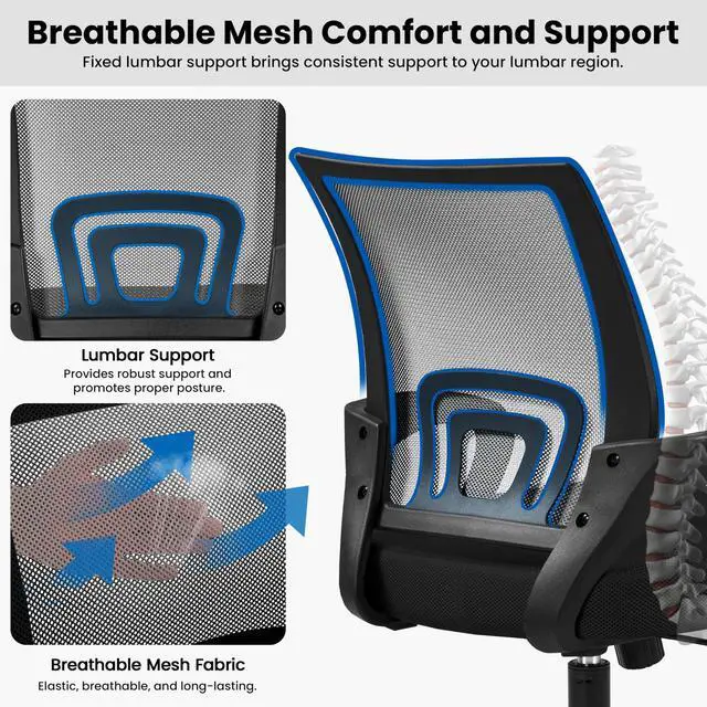 Alt view image 5 of 6 - Mid-Back Mesh Office Chair Adjustable Ergonomic Computer Task Chair Swivel Rolling with Lumbar Support Armrest for Home Office Work Study, Black | Breathable mesh back and foam padded seat for comfort