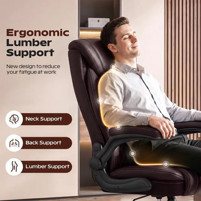 Alt view image 4 of 6 - Office Chair, Ergonomic High Back Home Office Desk Chair, Big and Tall Breathable Leather Office Chair with Lumbar Support Flip-Up Armrests, Computer Chair with Rocking Function
