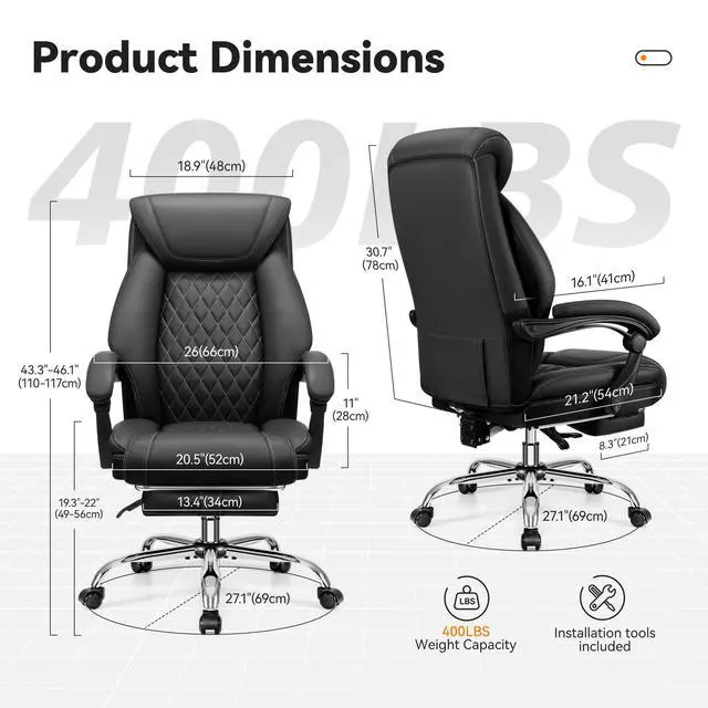 Alt view image 2 of 6 - Office Chair, Executive Leather Chair Adjustable High Back, Ergonomic Computer Desk Chair Lumbar Support, Big and Tall Office Chair with Footrest, Comfy Reclining Chair for Home Office