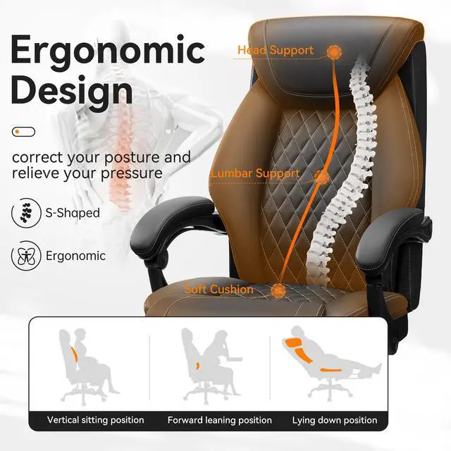 Alt view image 3 of 6 - Office Chair, Executive Leather Chair Adjustable High Back, Ergonomic Computer Desk Chair Lumbar Support, Big and Tall Office Chair with Footrest, Comfy Reclining Chair for Home Office