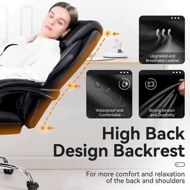 Alt view image 4 of 6 - Office Chair, Executive Leather Chair Adjustable High Back, Ergonomic Computer Desk Chair Lumbar Support, Big and Tall Office Chair with Footrest, Comfy Reclining Chair for Home Office
