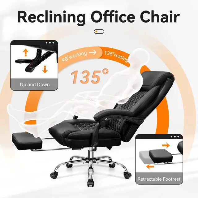 Alt view image 5 of 6 - Office Chair, Executive Leather Chair Adjustable High Back, Ergonomic Computer Desk Chair Lumbar Support, Big and Tall Office Chair with Footrest, Comfy Reclining Chair for Home Office