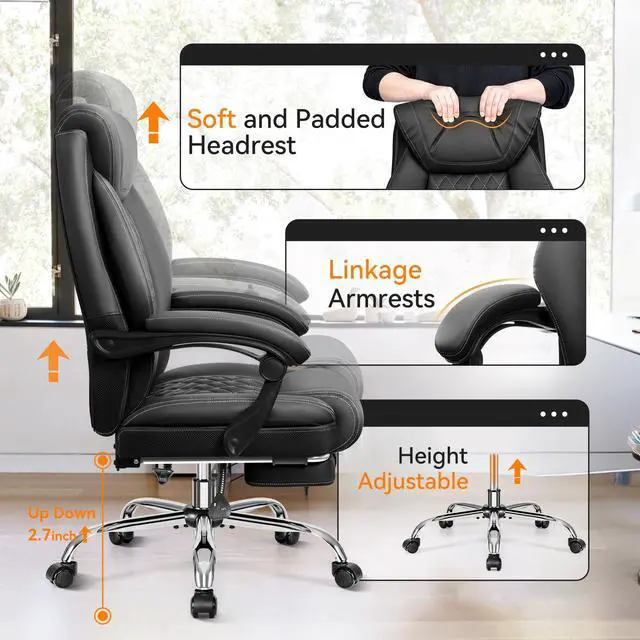 Alt view image 6 of 6 - Office Chair, Executive Leather Chair Adjustable High Back, Ergonomic Computer Desk Chair Lumbar Support, Big and Tall Office Chair with Footrest, Comfy Reclining Chair for Home Office