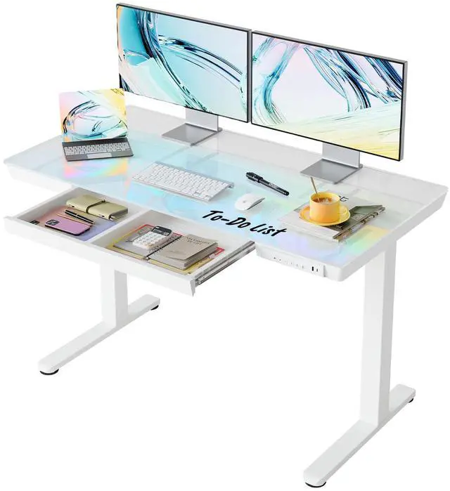 Main image of Glass Standing Desk with Drawers, 48 X 24 Inch Electric Adjustable Height Desk, Quick Install One-Piece Tabletop with USB Charging Ports, White