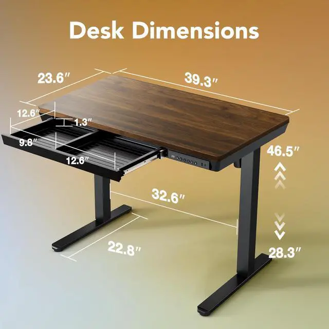 Alt view image 2 of 6 - Electric Standing Desk with Drawers, 40 X 24 Inch Electric Adjustable Height Desk, Quick Install One-Piece Tabletop with USB Charging Ports, Sit to Stand Up Desk for Home Office, Black Walnut