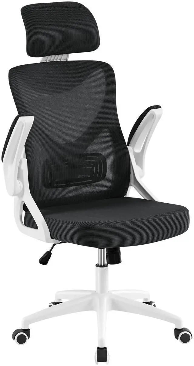 Main image of Ergonomic Office Chair with Headrest, Lumbar Support, White/Black | Breathable mesh high-back adjustable headrest, padded seat, and flip-up armrests supports your back and neck, holds 300lb