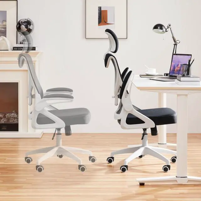 Alt view image 2 of 6 - Ergonomic Office Chair with Headrest, Lumbar Support, White/Black | Breathable mesh high-back adjustable headrest, padded seat, and flip-up armrests supports your back and neck, holds 300lb