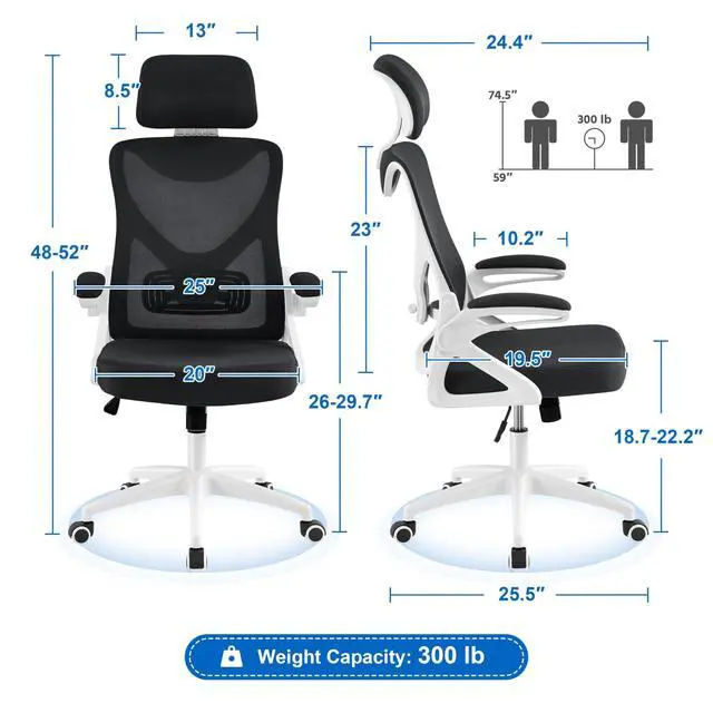 Alt view image 3 of 6 - Ergonomic Office Chair with Headrest, Lumbar Support, White/Black | Breathable mesh high-back adjustable headrest, padded seat, and flip-up armrests supports your back and neck, holds 300lb