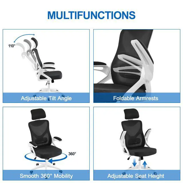 Alt view image 4 of 6 - Ergonomic Office Chair with Headrest, Lumbar Support, White/Black | Breathable mesh high-back adjustable headrest, padded seat, and flip-up armrests supports your back and neck, holds 300lb