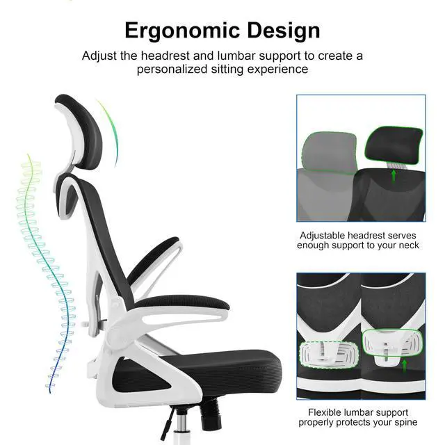 Alt view image 6 of 6 - Ergonomic Office Chair with Headrest, Lumbar Support, White/Black | Breathable mesh high-back adjustable headrest, padded seat, and flip-up armrests supports your back and neck, holds 300lb