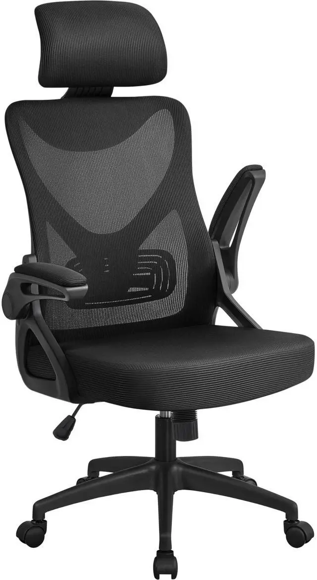 Main image of Ergonomic Office Chair with Headrest, Lumbar Support, Black | Breathable mesh high-back adjustable headrest, padded seat, and flip-up armrests supports your back and neck, holds 300lb
