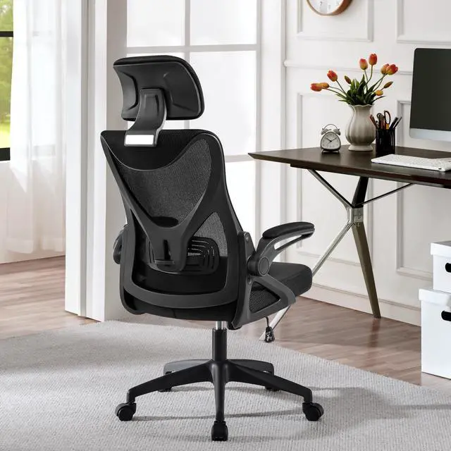 Alt view image 2 of 6 - Ergonomic Office Chair with Headrest, Lumbar Support, Black | Breathable mesh high-back adjustable headrest, padded seat, and flip-up armrests supports your back and neck, holds 300lb