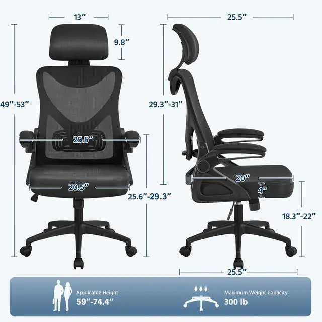 Alt view image 3 of 6 - Ergonomic Office Chair with Headrest, Lumbar Support, Black | Breathable mesh high-back adjustable headrest, padded seat, and flip-up armrests supports your back and neck, holds 300lb