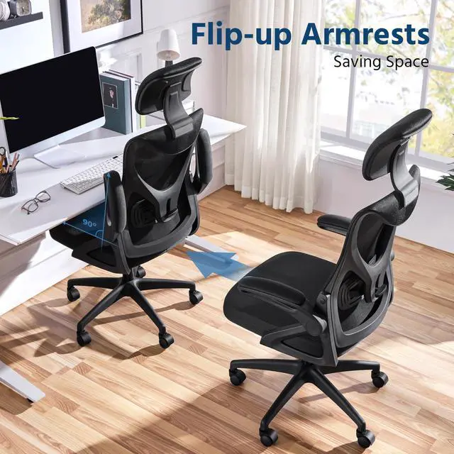 Alt view image 4 of 6 - Ergonomic Office Chair with Headrest, Lumbar Support, Black | Breathable mesh high-back adjustable headrest, padded seat, and flip-up armrests supports your back and neck, holds 300lb
