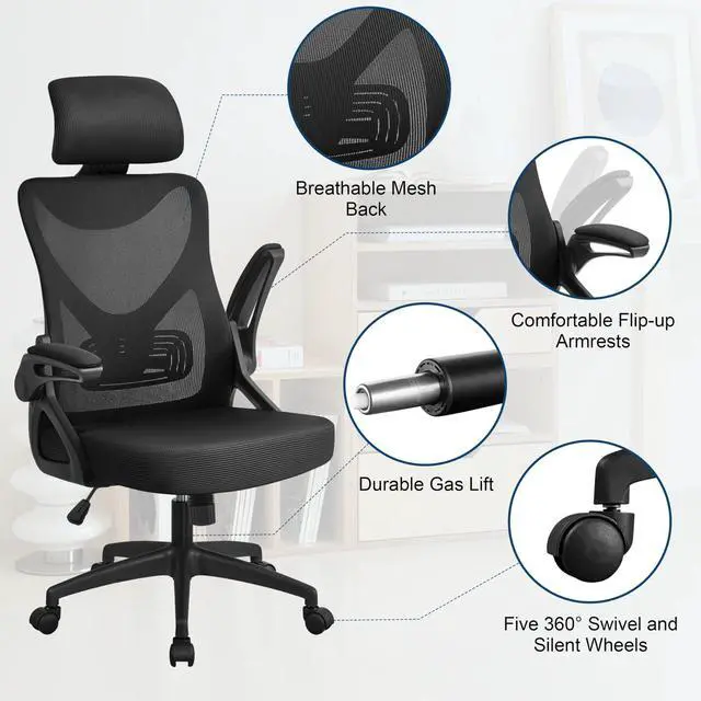 Alt view image 5 of 6 - Ergonomic Office Chair with Headrest, Lumbar Support, Black | Breathable mesh high-back adjustable headrest, padded seat, and flip-up armrests supports your back and neck, holds 300lb
