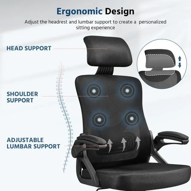 Alt view image 6 of 6 - Ergonomic Office Chair with Headrest, Lumbar Support, Black | Breathable mesh high-back adjustable headrest, padded seat, and flip-up armrests supports your back and neck, holds 300lb