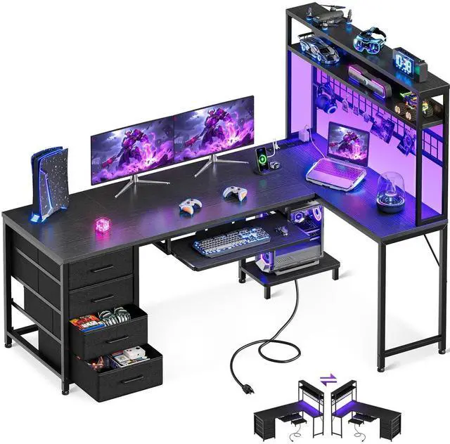 Main image of 59 Inch L Shaped Desk with 4 Drawers, Gaming Desk with Led Lights & Power Outlets, Computer Desk with Pegboard & Keyboard Tray, Reverisble Home Office Desk with Storage Shelves & CPU Stand, Black