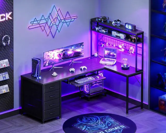 Alt view image 2 of 6 - 59 Inch L Shaped Desk with 4 Drawers, Gaming Desk with Led Lights & Power Outlets, Computer Desk with Pegboard & Keyboard Tray, Reverisble Home Office Desk with Storage Shelves & CPU Stand, Black