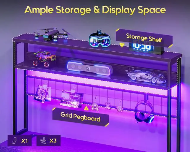 Alt view image 4 of 6 - 59 Inch L Shaped Desk with 4 Drawers, Gaming Desk with Led Lights & Power Outlets, Computer Desk with Pegboard & Keyboard Tray, Reverisble Home Office Desk with Storage Shelves & CPU Stand, Black