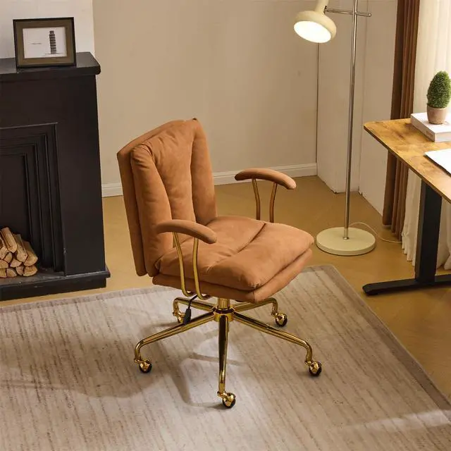 Main image of Home Office Desk Chair Comfy with wheels&Removable Armrests,Gold Base Vanity Chair with Back,Adjustable Rolling Swivel Computer Task Chair for Study,Makeup,Office,Bedroom,Microfiber/Suede,Brown