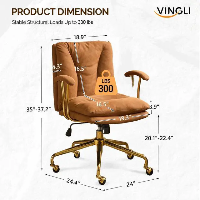 Alt view image 2 of 6 - Home Office Desk Chair Comfy with wheels&Removable Armrests,Gold Base Vanity Chair with Back,Adjustable Rolling Swivel Computer Task Chair for Study,Makeup,Office,Bedroom,Microfiber/Suede,Brown