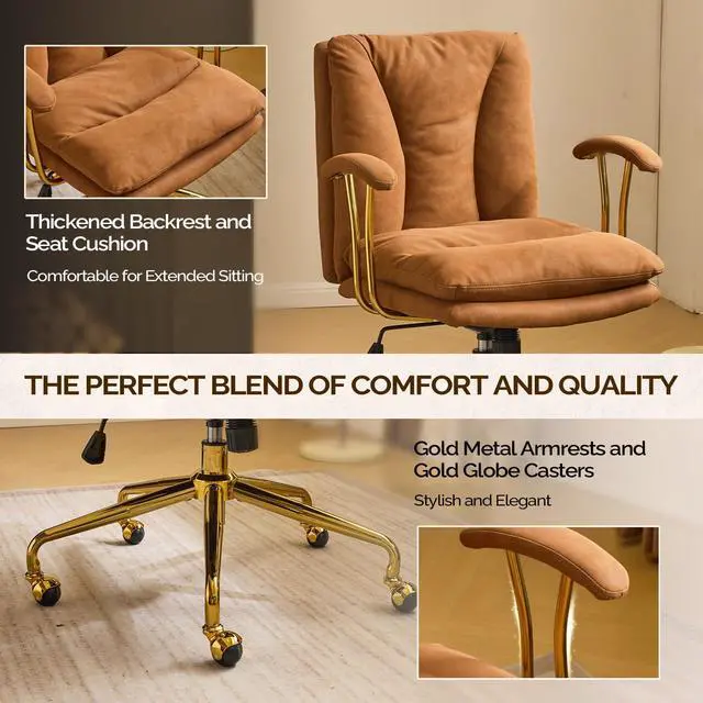 Alt view image 3 of 6 - Home Office Desk Chair Comfy with wheels&Removable Armrests,Gold Base Vanity Chair with Back,Adjustable Rolling Swivel Computer Task Chair for Study,Makeup,Office,Bedroom,Microfiber/Suede,Brown