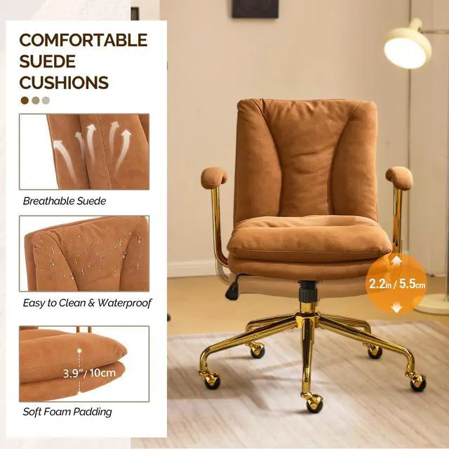 Alt view image 4 of 6 - Home Office Desk Chair Comfy with wheels&Removable Armrests,Gold Base Vanity Chair with Back,Adjustable Rolling Swivel Computer Task Chair for Study,Makeup,Office,Bedroom,Microfiber/Suede,Brown