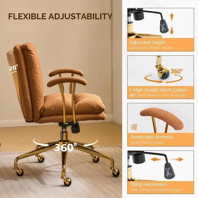 Alt view image 5 of 6 - Home Office Desk Chair Comfy with wheels&Removable Armrests,Gold Base Vanity Chair with Back,Adjustable Rolling Swivel Computer Task Chair for Study,Makeup,Office,Bedroom,Microfiber/Suede,Brown