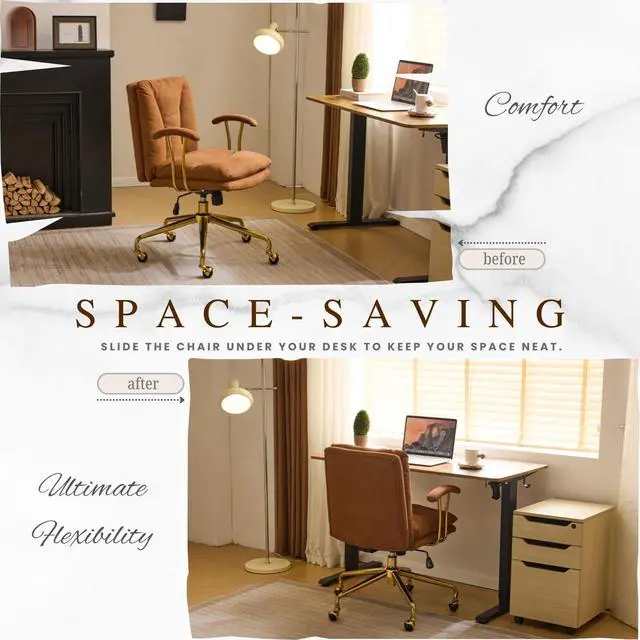 Alt view image 6 of 6 - Home Office Desk Chair Comfy with wheels&Removable Armrests,Gold Base Vanity Chair with Back,Adjustable Rolling Swivel Computer Task Chair for Study,Makeup,Office,Bedroom,Microfiber/Suede,Brown