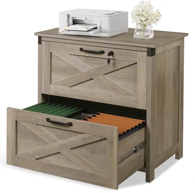 Main image of 2 Drawer File Cabinet, Lateral Wood Filing Storage Cabinet with Lock, Farmhouse Printer Stand for Home Office Fits Letter/Legal/A4 Size, Gray Oak | Wood, Office Storage Cabinet, Letter, Legal & A4 Com