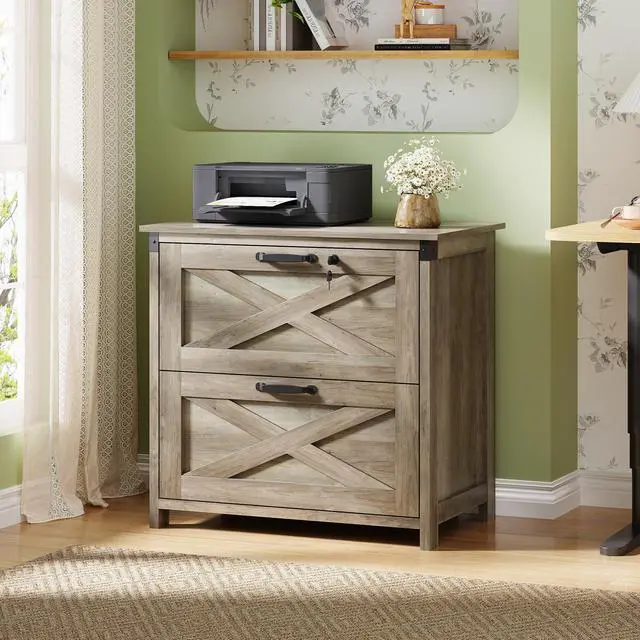 Alt view image 2 of 6 - 2 Drawer File Cabinet, Lateral Wood Filing Storage Cabinet with Lock, Farmhouse Printer Stand for Home Office Fits Letter/Legal/A4 Size, Gray Oak | Wood, Office Storage Cabinet, Letter, Legal & A4 Com
