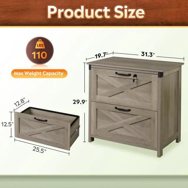 Alt view image 3 of 6 - 2 Drawer File Cabinet, Lateral Wood Filing Storage Cabinet with Lock, Farmhouse Printer Stand for Home Office Fits Letter/Legal/A4 Size, Gray Oak | Wood, Office Storage Cabinet, Letter, Legal & A4 Com