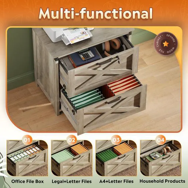 Alt view image 4 of 6 - 2 Drawer File Cabinet, Lateral Wood Filing Storage Cabinet with Lock, Farmhouse Printer Stand for Home Office Fits Letter/Legal/A4 Size, Gray Oak | Wood, Office Storage Cabinet, Letter, Legal & A4 Com