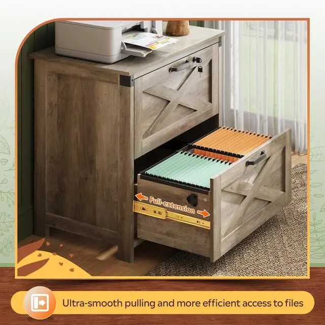 Alt view image 5 of 6 - 2 Drawer File Cabinet, Lateral Wood Filing Storage Cabinet with Lock, Farmhouse Printer Stand for Home Office Fits Letter/Legal/A4 Size, Gray Oak | Wood, Office Storage Cabinet, Letter, Legal & A4 Com