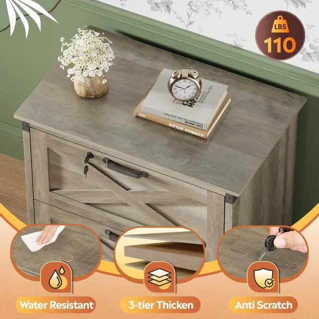 Alt view image 6 of 6 - 2 Drawer File Cabinet, Lateral Wood Filing Storage Cabinet with Lock, Farmhouse Printer Stand for Home Office Fits Letter/Legal/A4 Size, Gray Oak | Wood, Office Storage Cabinet, Letter, Legal & A4 Com