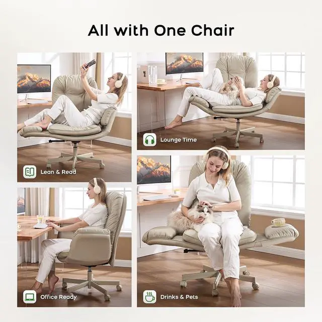Alt view image 3 of 6 - Criss Cross Office Chair with Armrests & Wheels, Recline 90/135 Lock, 400LBS Big and Tall Executive Office Chair, PU Leather Computer Desk Chair for Home & ADHD(Cream)