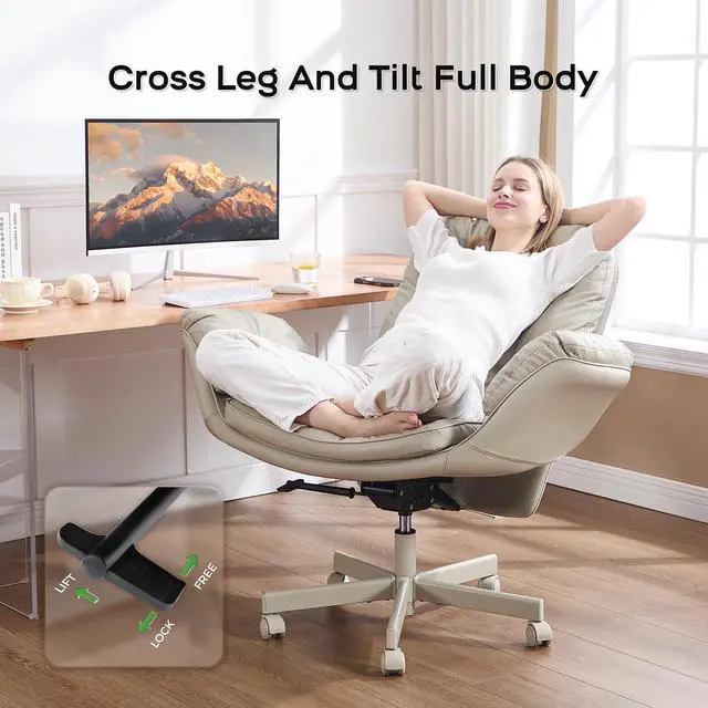 Alt view image 4 of 6 - Criss Cross Office Chair with Armrests & Wheels, Recline 90/135 Lock, 400LBS Big and Tall Executive Office Chair, PU Leather Computer Desk Chair for Home & ADHD(Cream)