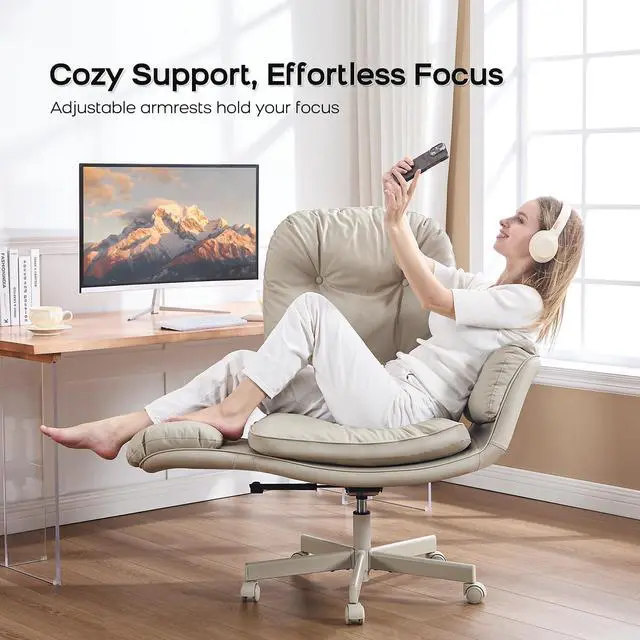 Alt view image 6 of 6 - Criss Cross Office Chair with Armrests & Wheels, Recline 90/135 Lock, 400LBS Big and Tall Executive Office Chair, PU Leather Computer Desk Chair for Home & ADHD(Cream)