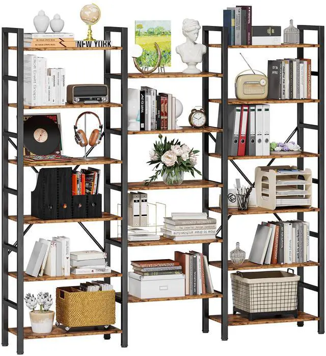 Main image of Bookshelves 6 Tiers Triple Wide Industrial Bookshelf, Large Etagere Bookshelf Open Display Shelves with Metal Frame for Living Room Bedroom Home Office
