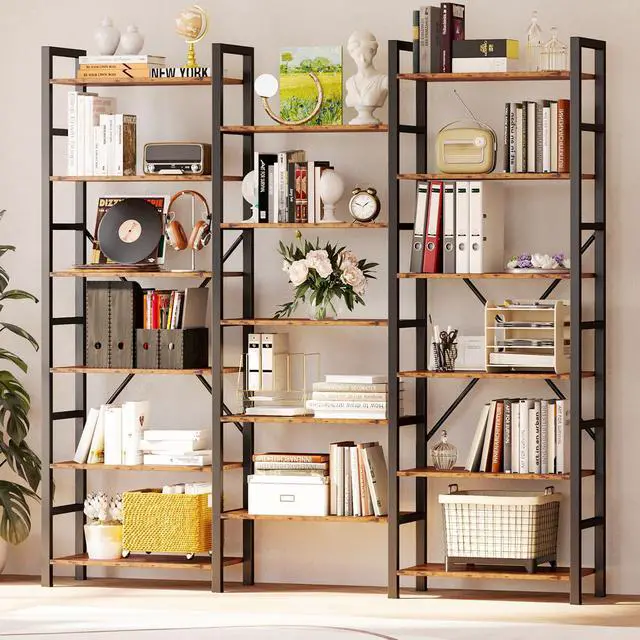 Alt view image 2 of 6 - Bookshelves 6 Tiers Triple Wide Industrial Bookshelf, Large Etagere Bookshelf Open Display Shelves with Metal Frame for Living Room Bedroom Home Office