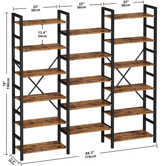 Alt view image 3 of 6 - Bookshelves 6 Tiers Triple Wide Industrial Bookshelf, Large Etagere Bookshelf Open Display Shelves with Metal Frame for Living Room Bedroom Home Office