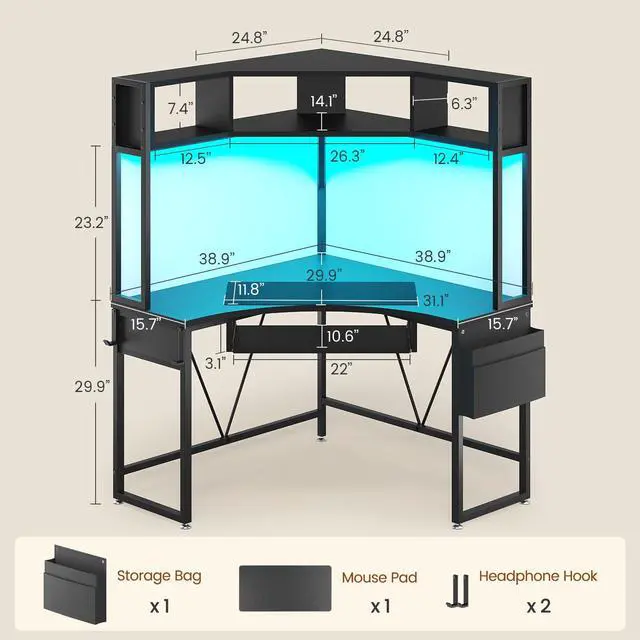 Alt view image 2 of 6 - Corner Desk, 39" W x 62" H Small Office Desk with Hutch & LED Lights, Triangle Gaming Computer Desk with Keyboard Tray, Storage Bag, and Headphone Hook for Small Space, Black