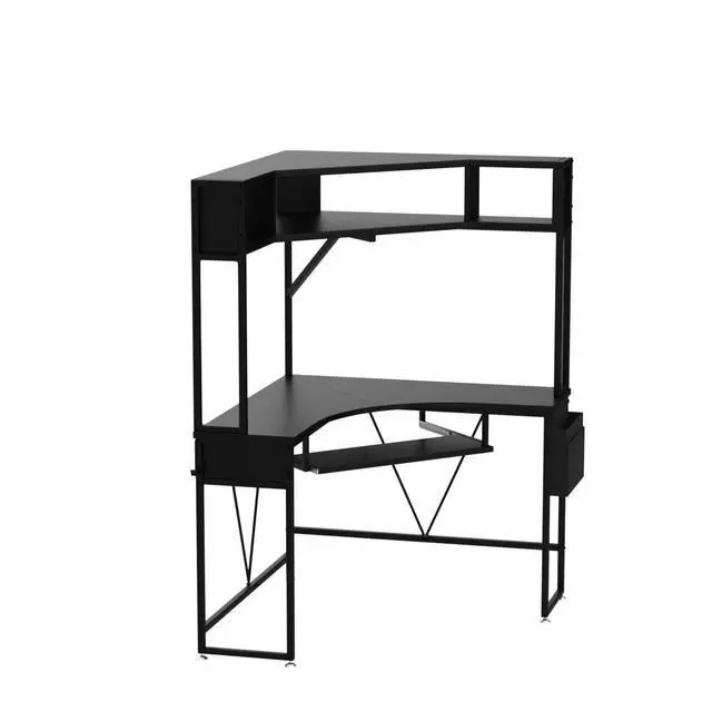 Alt view image 4 of 6 - Corner Desk, 39" W x 62" H Small Office Desk with Hutch & LED Lights, Triangle Gaming Computer Desk with Keyboard Tray, Storage Bag, and Headphone Hook for Small Space, Black