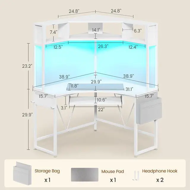 Alt view image 2 of 6 - Corner Desk, 39" W x 62" H Small Office Desk with Hutch & LED Lights, Triangle Gaming Computer Desk with Keyboard Tray, Storage Bag, and Headphone Hook for Small Space, White