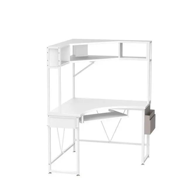 Alt view image 4 of 6 - Corner Desk, 39" W x 62" H Small Office Desk with Hutch & LED Lights, Triangle Gaming Computer Desk with Keyboard Tray, Storage Bag, and Headphone Hook for Small Space, White