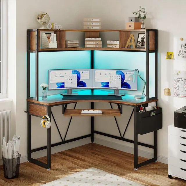 Main image of Corner Desk, 39" W x 62" H Small Office Desk with Hutch & LED Lights, Triangle Gaming Computer Desk with Keyboard Tray, Storage Bag, and Headphone Hook for Small Space, Rustic Brown